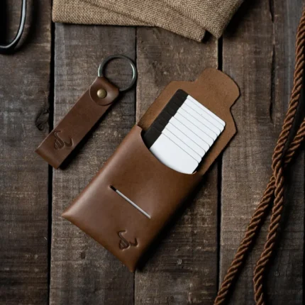 MINIMAL LEATHER CARD HOLDER WALLET & KEYCHAIN | BROWN